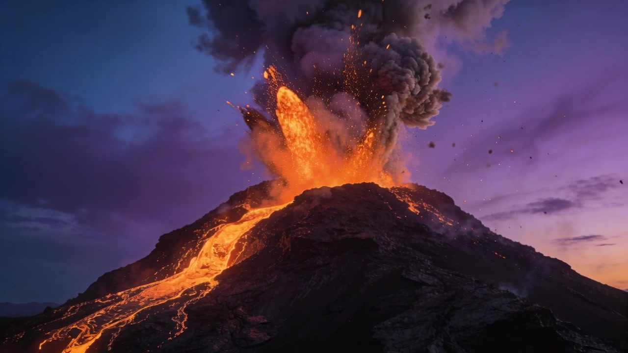 Vulcano in eruzione che reagisce al magma in risalita al tramonto, lanciando fontane di lava, un pennacchio di cenere e bombe incandescenti.