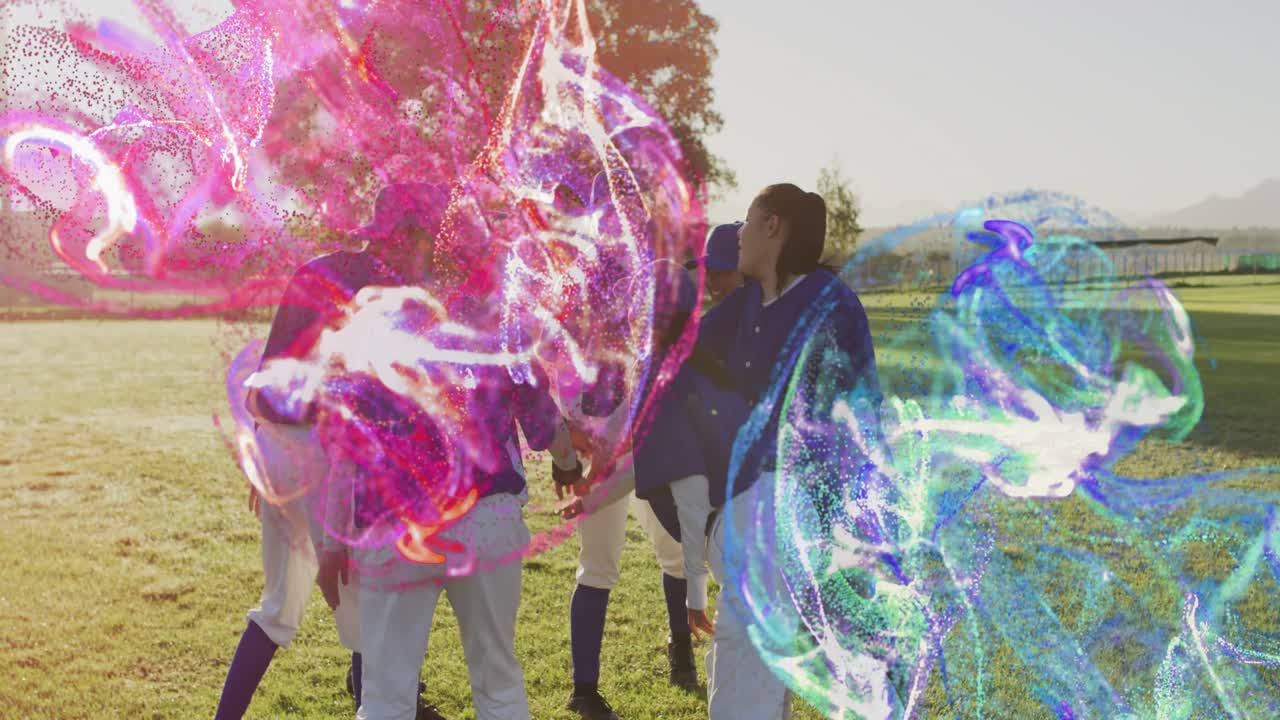 Softball team huddling pressing hands together and generating energy swirls boosting team spirit