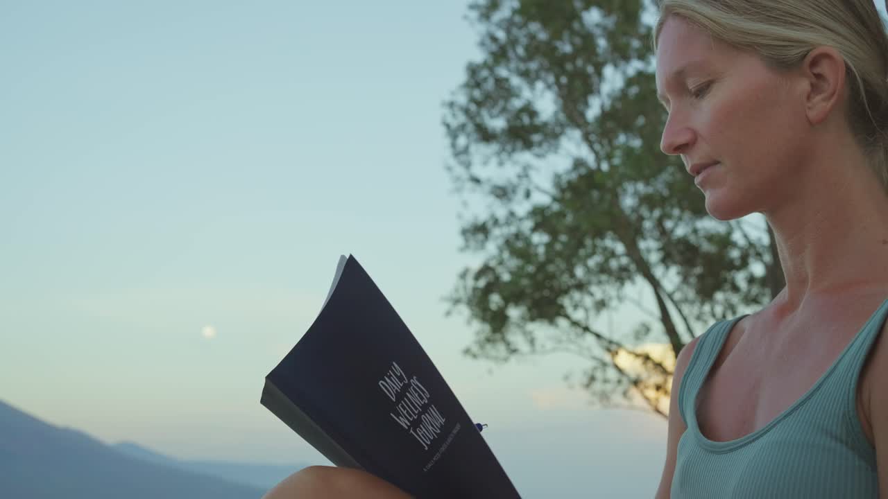 Donna che scrive su un diario del benessere, alzando lo sguardo e sorridendo a una vista splendida