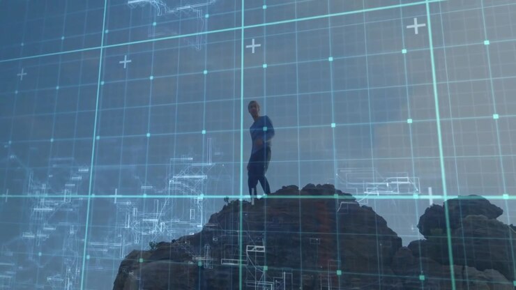Man descending rock shifting weight balancing surveying horizon for mapping grid overlay technology