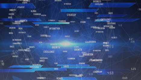 animation of globe of business concept texts and light spot against blue background