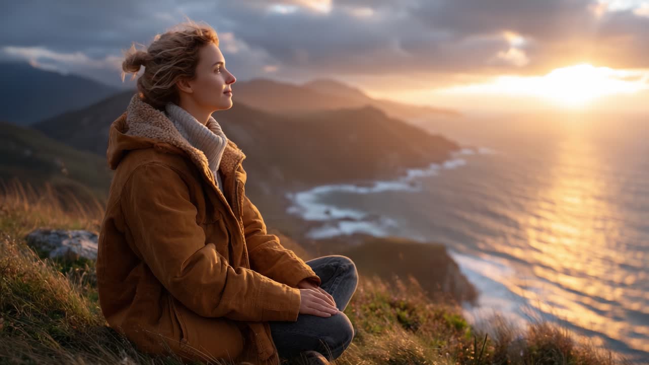 A Serene Moment of Reflection: A Young Woman Meditates Amidst Breathtaking Coastal Sunset Scenery, Experiencing Peace and Connection with Nature