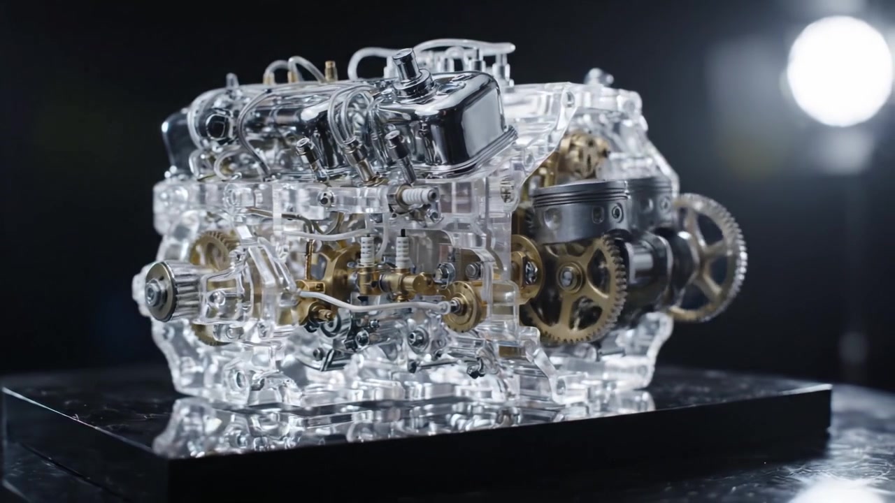 Detailed Close-Up of a Transparent Engine Model Showcasing Intricate Mechanical Components and Design Elements in High-Definition, Perfect for Educational Purposes