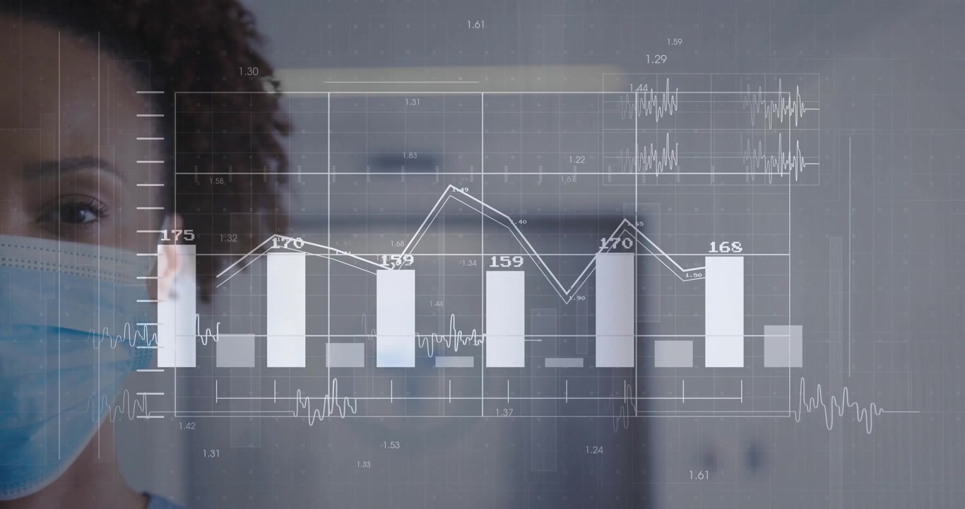 Infermiera con grafico medico in realtà aumentata (AR) che aggiorna barre, grafici a linee ed ECG per il monitoraggio dei parametri vitali del paziente.