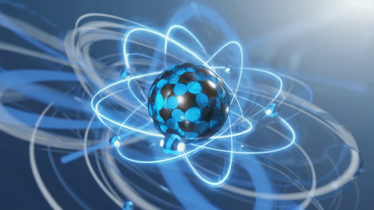 Abstract Atom with Glowing Blue Orbits