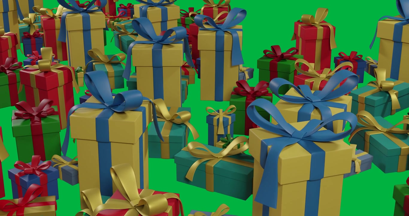Video of multi coloured christmas presents with ribbons over transparent background