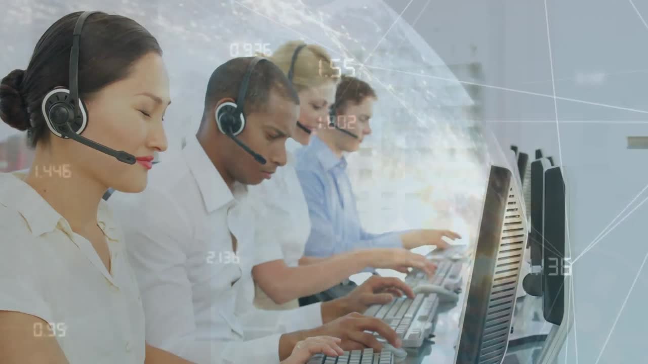 전화 헤드 ⁇ 을 사용하는 다양한 비즈니스 사람들에 대한 연결 및 번호 네트워크의 애니메이션