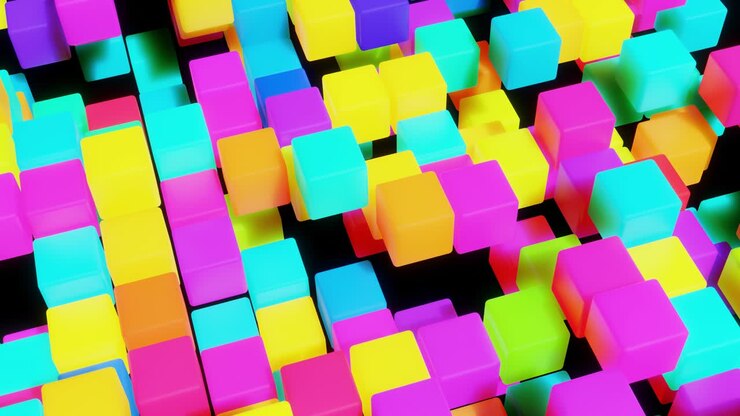 Sfondo geometrico semplice astratto 3D con cubi multicolori in 4k. Animazione fluida in loop. Cubi che si spostano formano un piano. Sfondo creativo di motion design semplice con oggetti 3D. VJ loop.