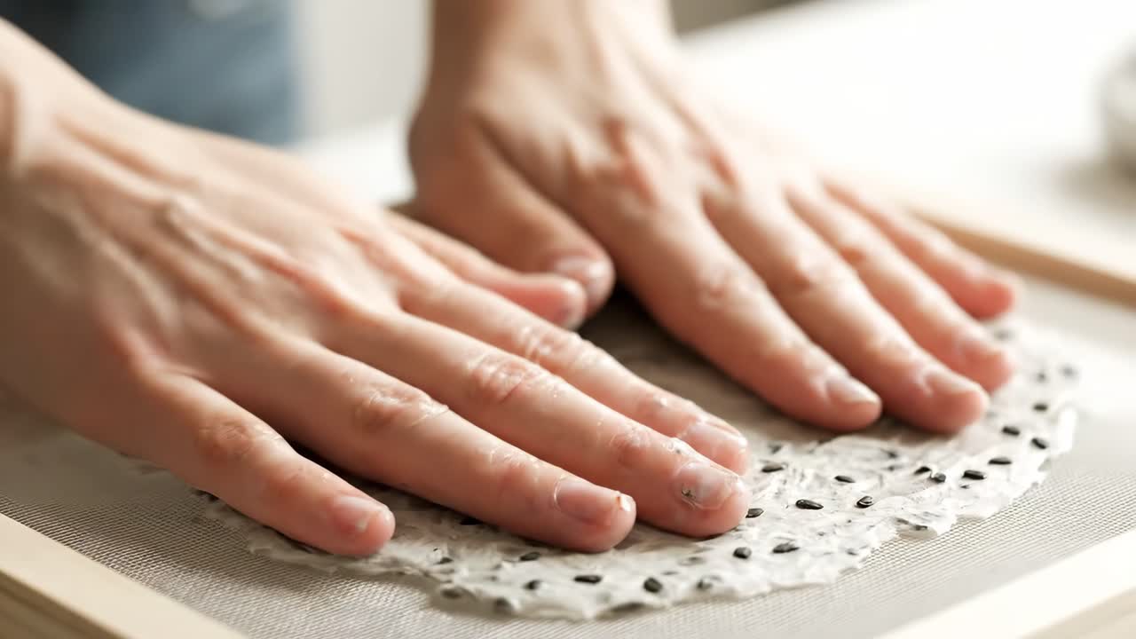 Hands working with food and handmade paper