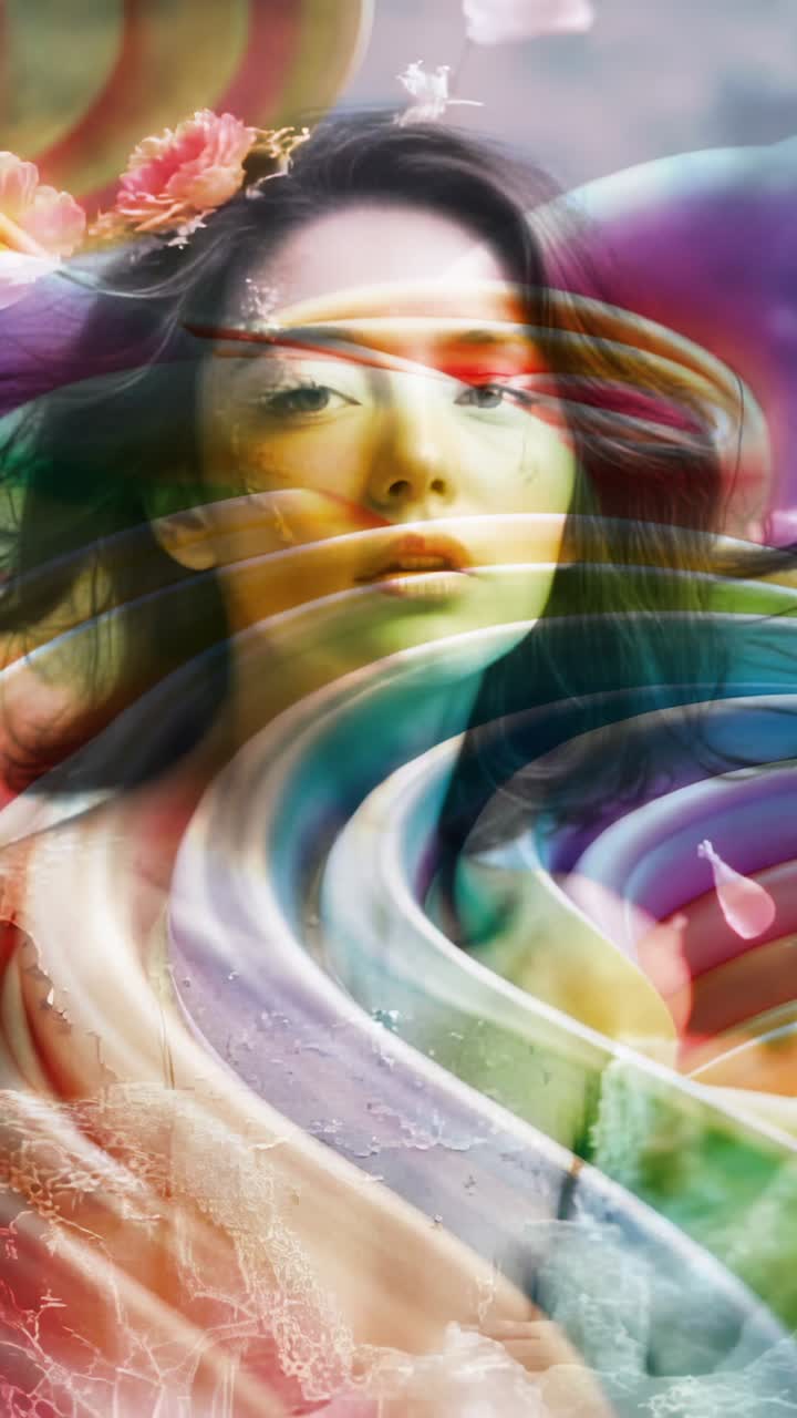 Vertical video: Emerging rings spiraling around woman in pastel dress wearing floral crown in sky