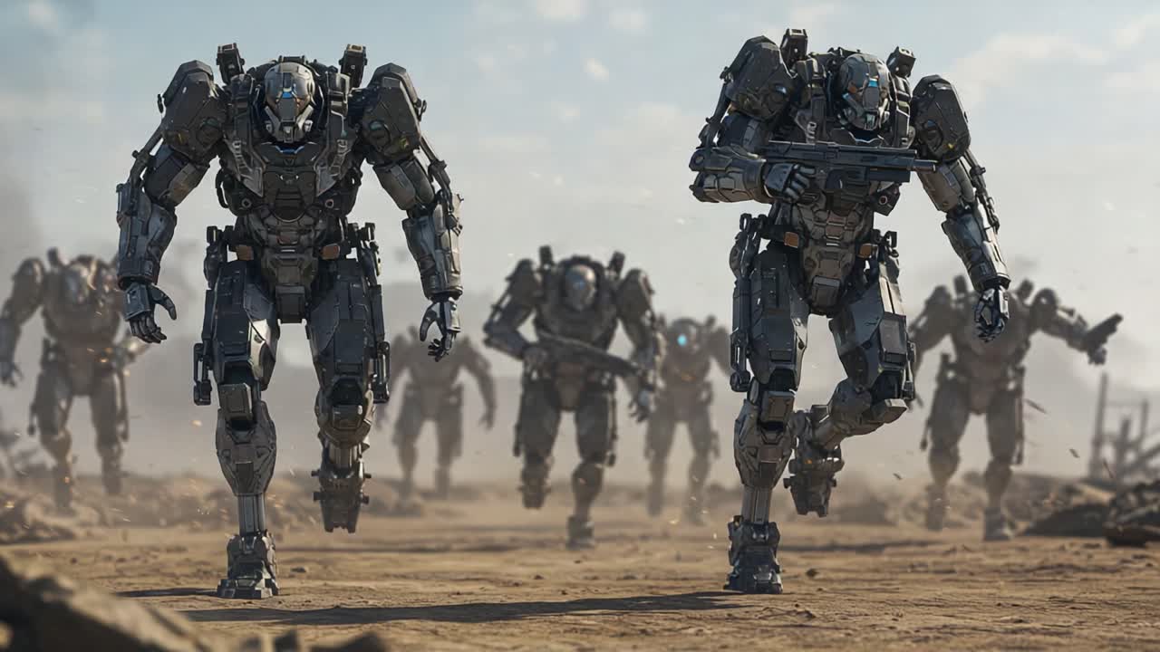 Advanced robotic soldiers march forward with precision in a desolate landscape, showcasing cutting-edge technology and military prowess in a high-stakes futuristic battle environment