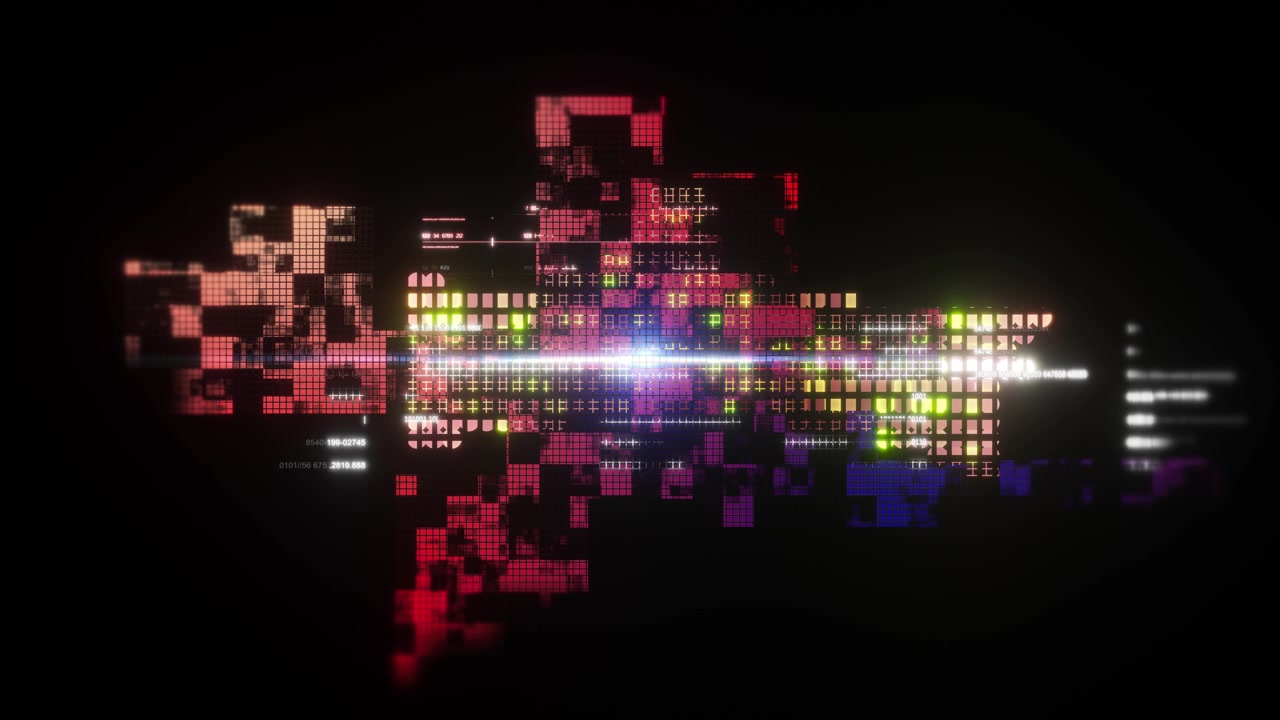 Abstrakter futuristischer digitaler Hintergrund mit leuchtendem Code, Pixelrastern, farbigen Lichtstreifen und Datenelementen auf dunklem Untergrund, konzipiert für Technologie- und Digitalmedienprojekte