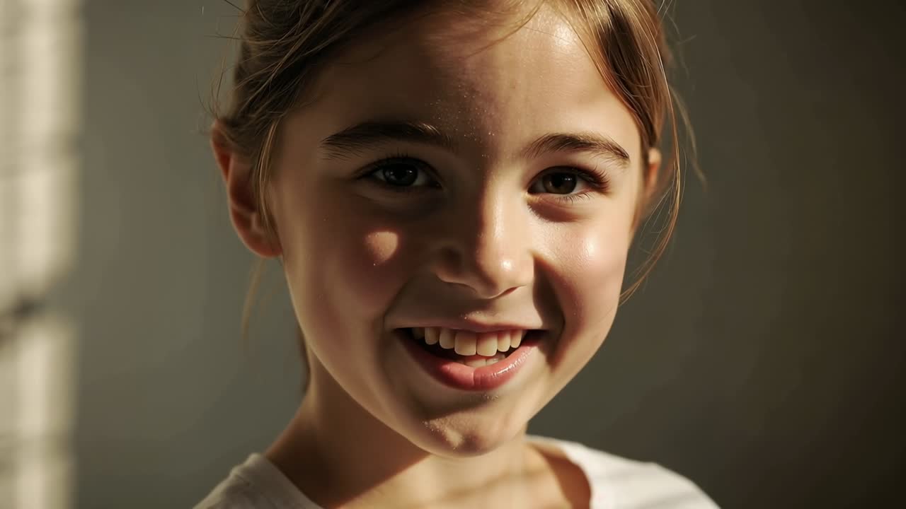 Shifting girl wearing white tee by window responding to camera, smiling as blinds cast shadow