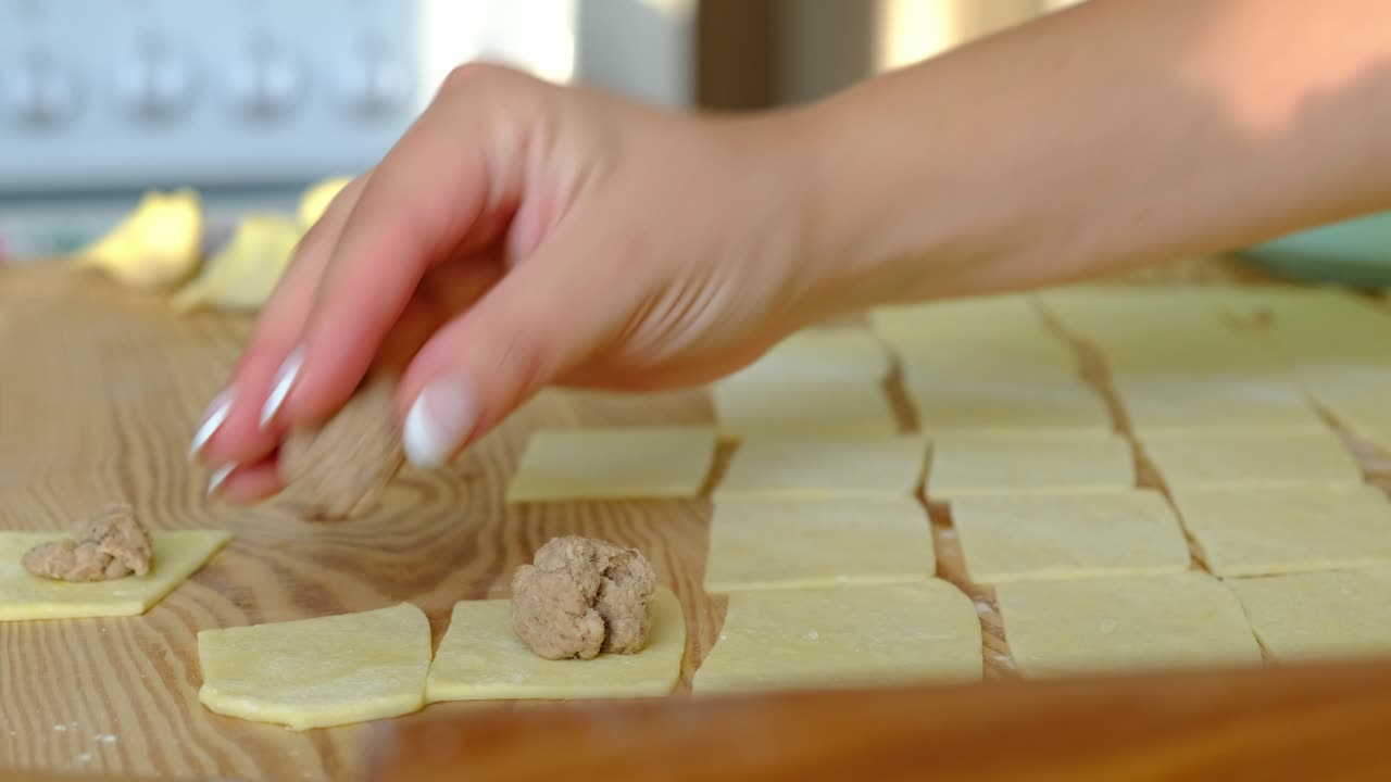 preparar masa y relleno de albóndigas plato de comida popular, pulir 'orejas' uszka albóndigas y pierogi - cocina tradicional polaca - abuela manos viejas trabajando masa - trabajando en la cocina