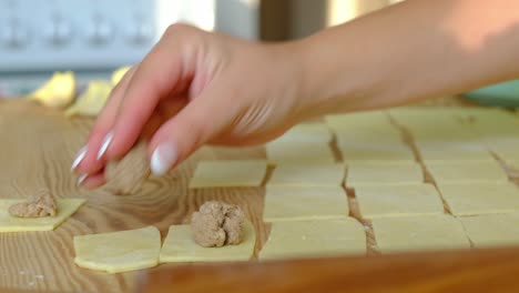 Preparing-dough-and-meatball-filling-popular-food-dish,-Polish-'Little-Ears'-Uszka-Dumplings-and-Pierogi---Traditional-Polish-Cuisine---Grandmother-old-hands-working-dough---Working-in-the-kitchen