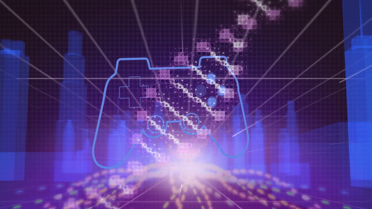 Animation of gamepad icon with dna strand over digital city on black background