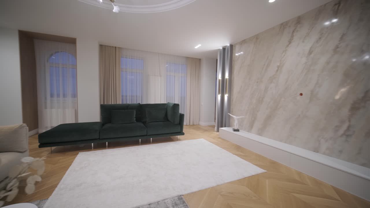 화려 한 조명 과 기하학적 인 선반 을 가진 고급스러운 거실