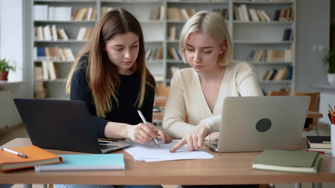 Kvinne til venstre banker med blyant, peker, skifter fokus fra laptoper til papirer, og markerer i forbindelse med studier.