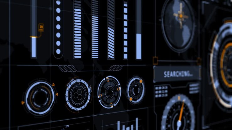 Motion graphic of head up display ( HUD UI ) technology interface screen with futuristic 3D elements graph and chat panel