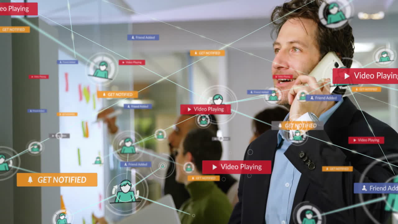 스마트 폰을 사용하는 백인 사업가에 대한 사람 아이콘과의 연결 네트워크의 애니메이션