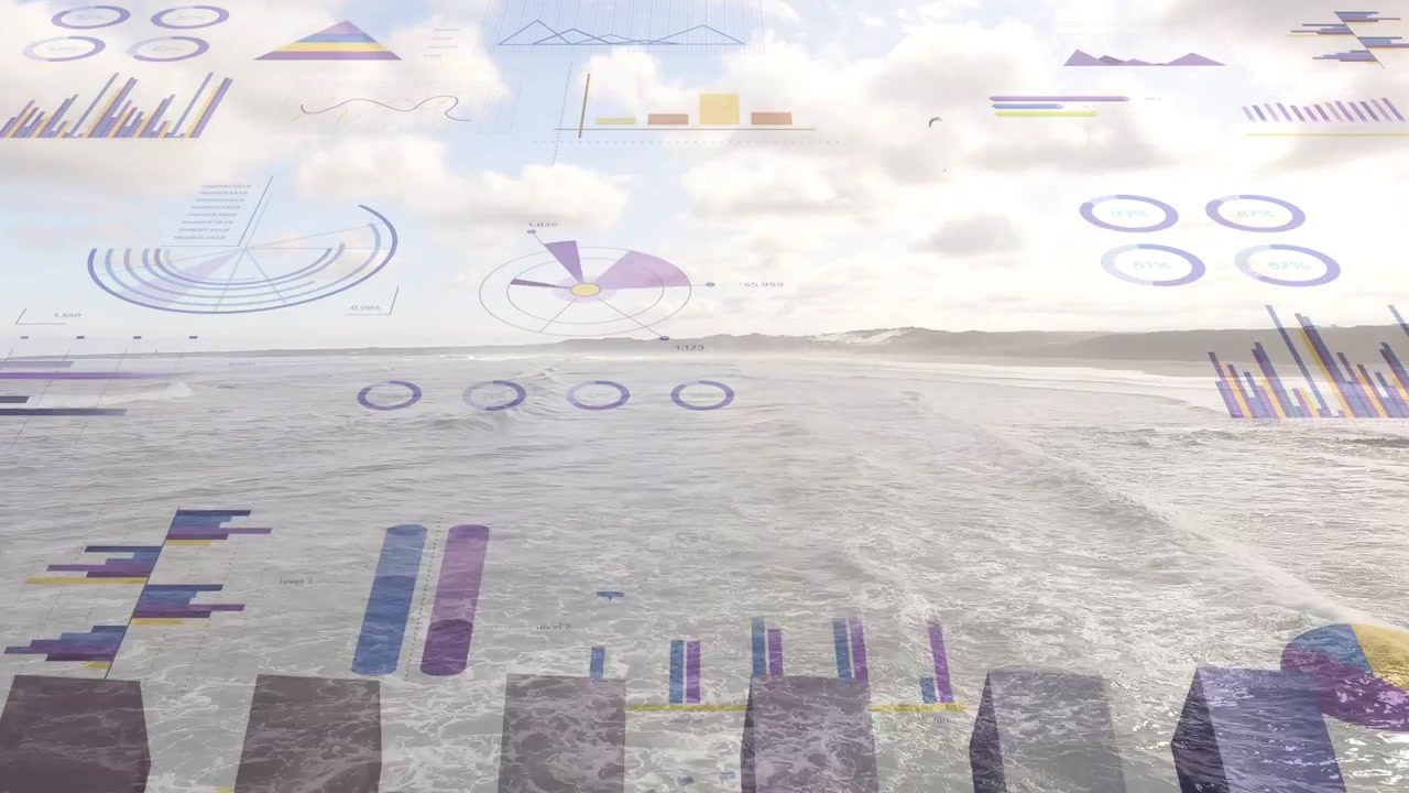 Ocean surface with translucent HUD pulsing while waves passing, showing live coastal metrics