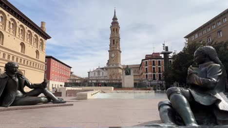 timelapse of the plaza del pilar square in zaragoza, spain, with the monument og goya