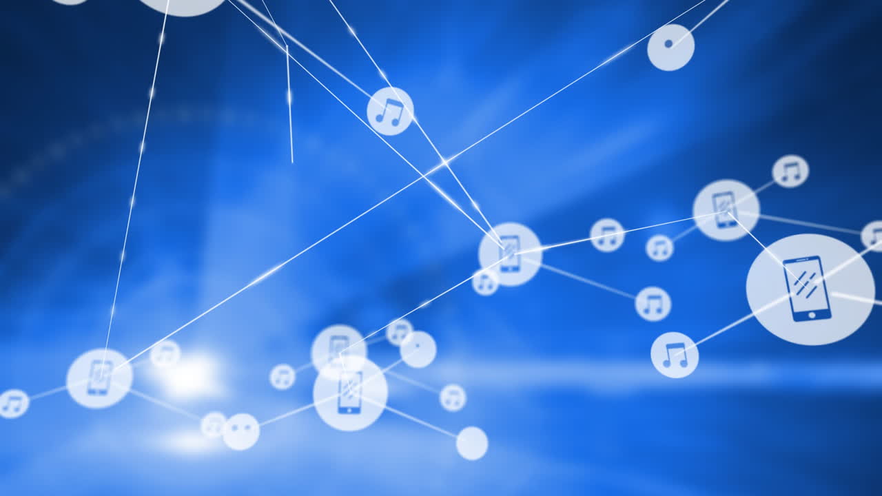 음악 및 스마트 폰 아이콘, 라인 연결, 네트워크 통신 애니메이션