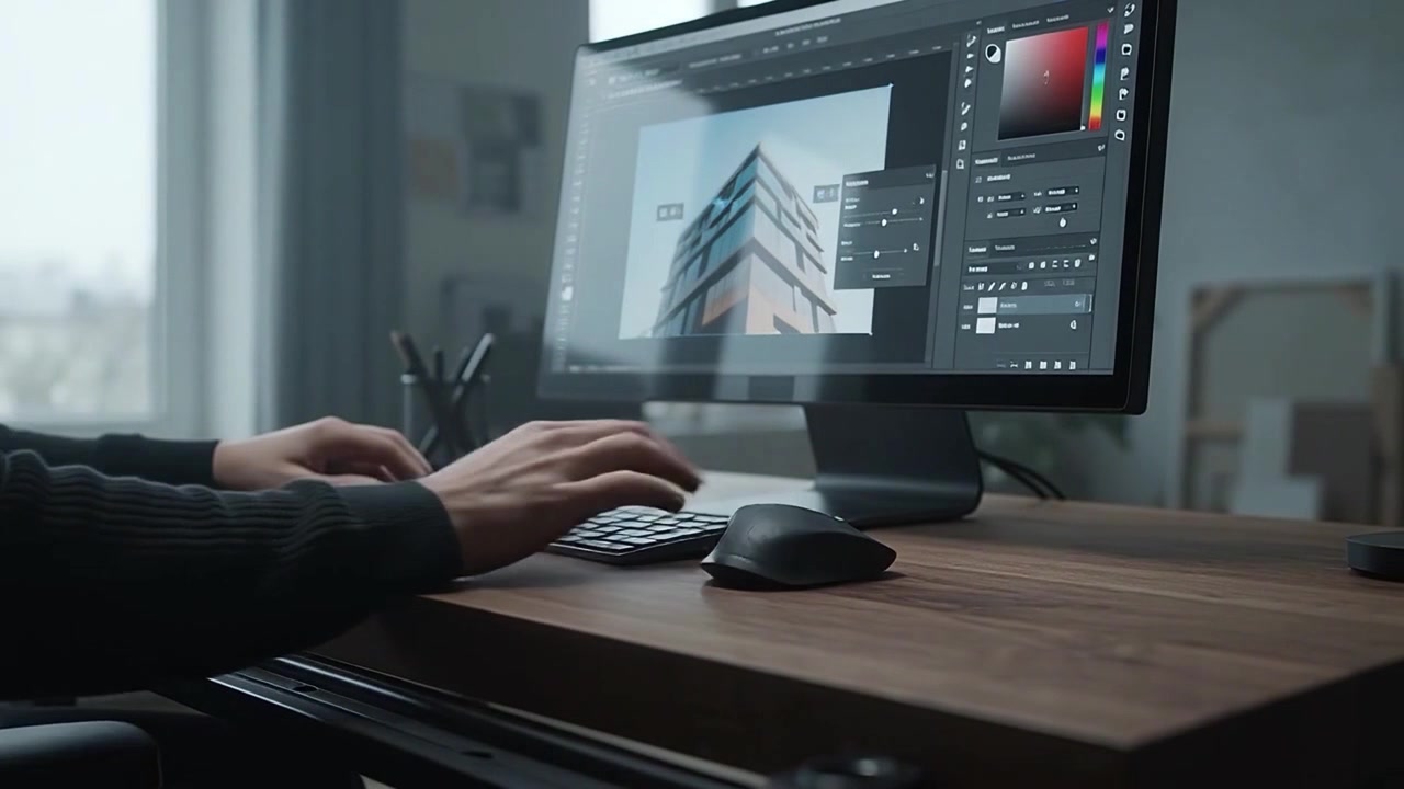 Graphic Designer Editing Architectural Photo on Computer