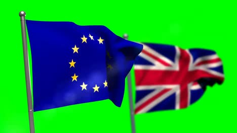 Union-flag-and-European-flag-waving-against-green-screen