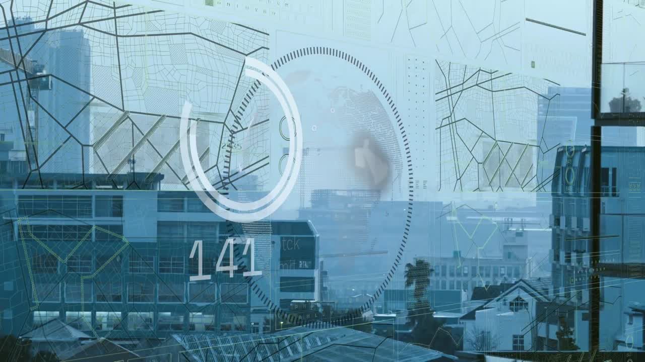 Animation of interface with data processing over spinning globe against aerial view of cityscape