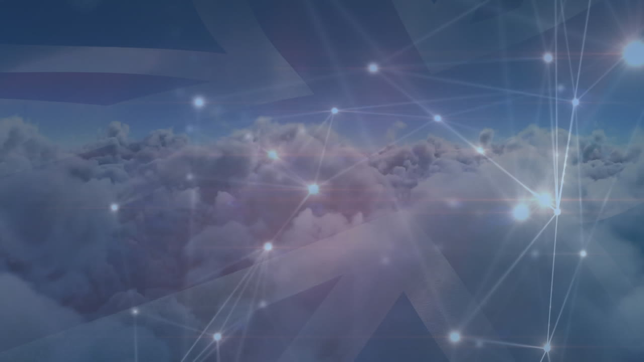 animación de la red de conexiones con la bandera del reino unido sobre nubes en el fondo