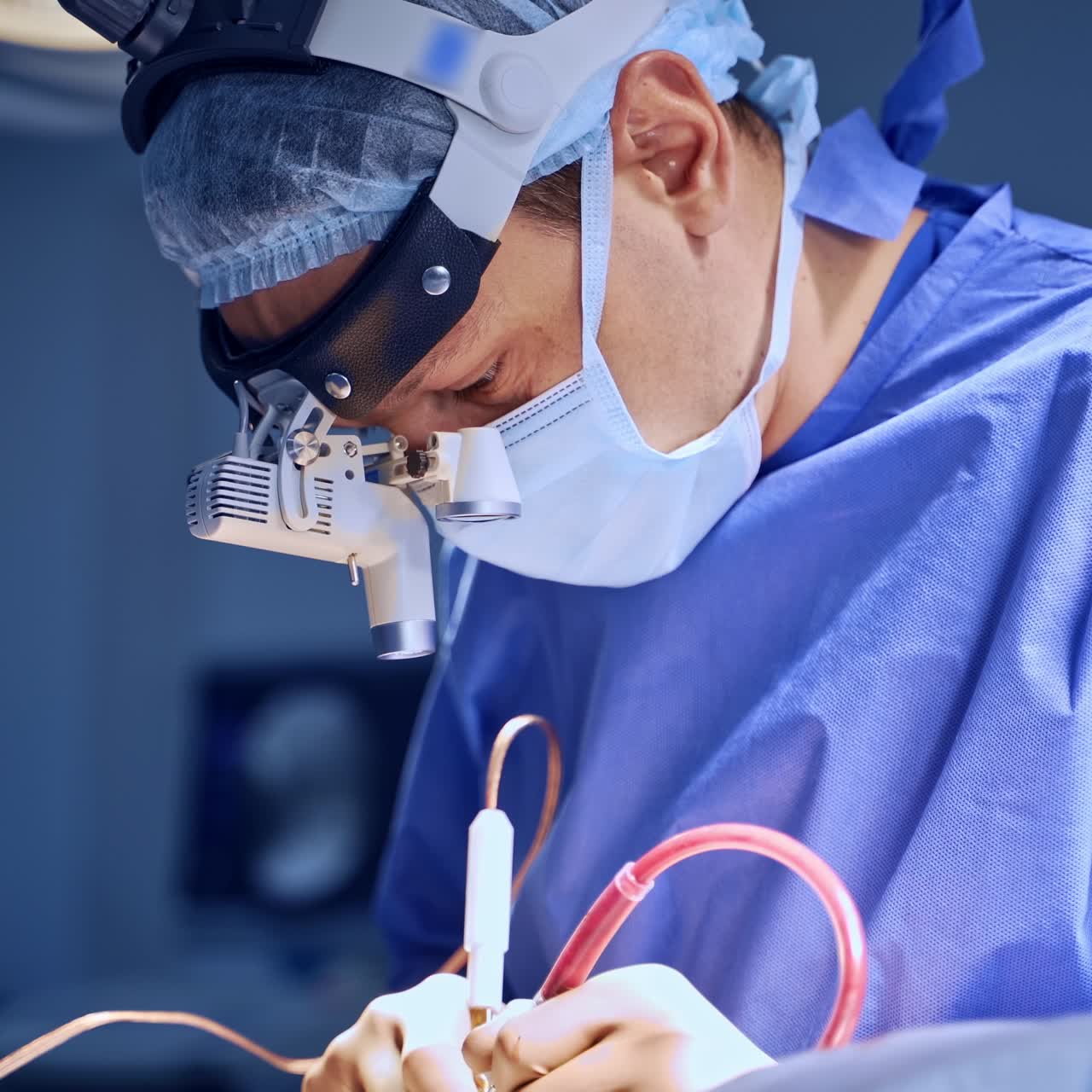 Concentrated surgeon uses tools at operation. Modern technology device is on neurosurgeon's head. Close up. Blurred backdrop