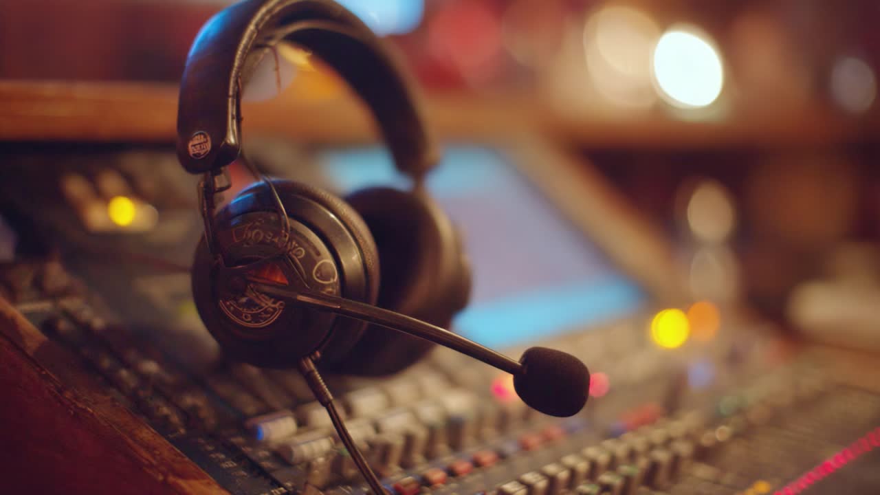 A Close-Up View of Professional Audio Equipment Featuring a Stylish Headset Resting on a Sound Mixing Console in a Softly Lit Environment