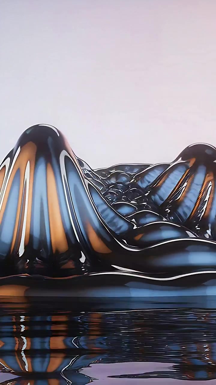 Vertical video: Shifting glossy bubbles touching studio pool, spraying filaments and forming peaks