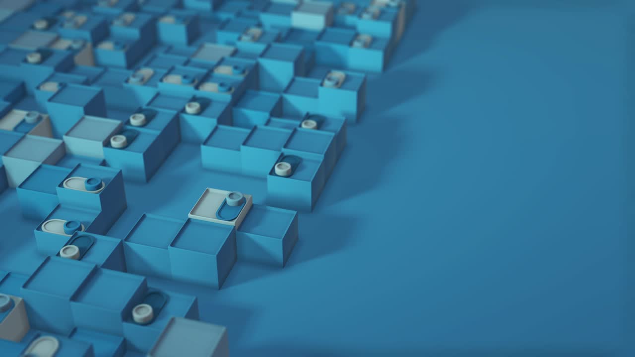 renderización 3d de animación en bucle con formas geométricas. animación sin fin. un video tranquilo y satisfactorio con un cambio de forma. deslizadores se encienden. color blanco y azul. profundidad de campo. borrosidad