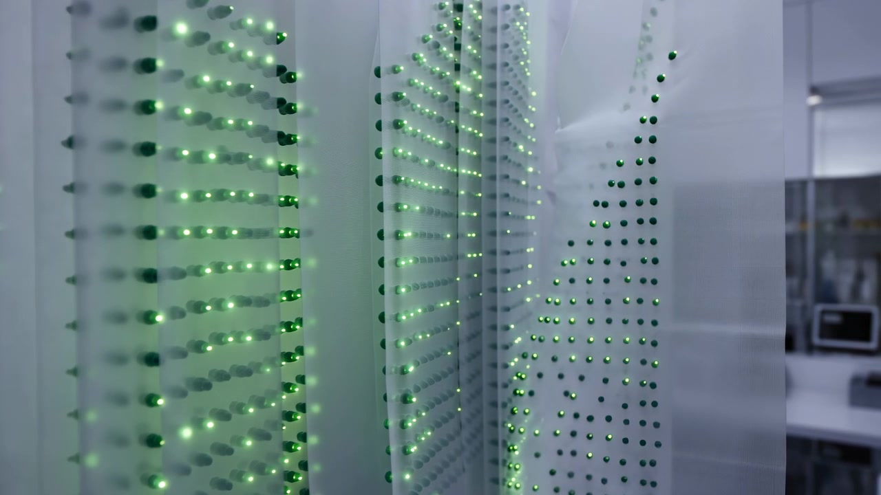 Close view tracks beside dense grids of green status lights on clear and metallic panels, revealing layered reflections, cool white surroundings, shallow depth, and orderly technical detail.