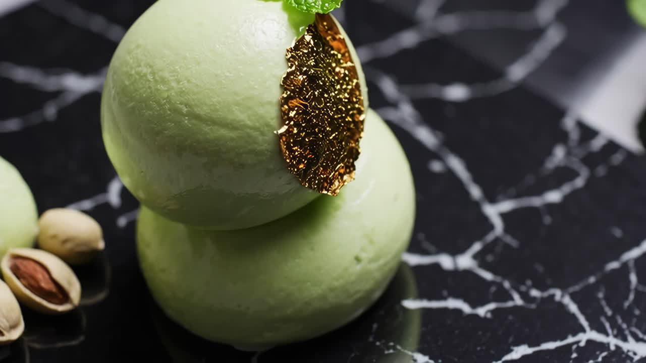 Elegant Pistachio Desserts on Black Marble