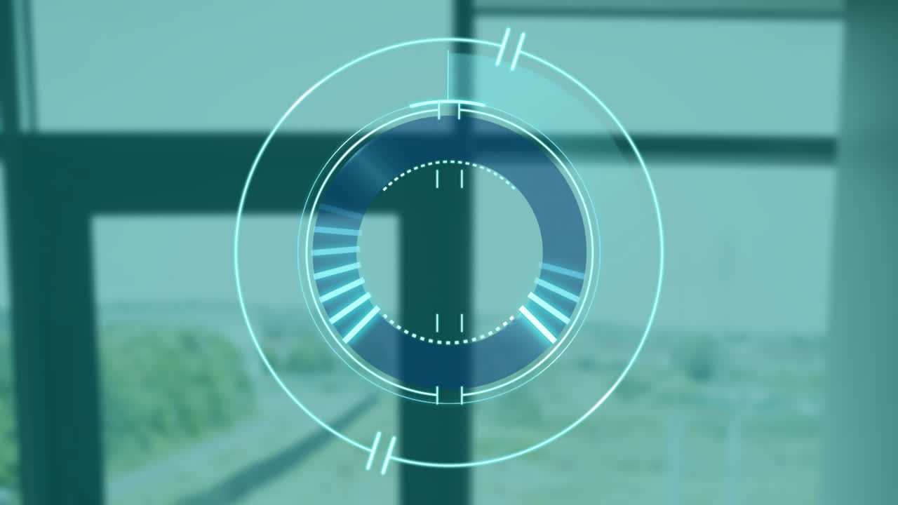 Digital interface animation over blurred window view with outdoor scenery