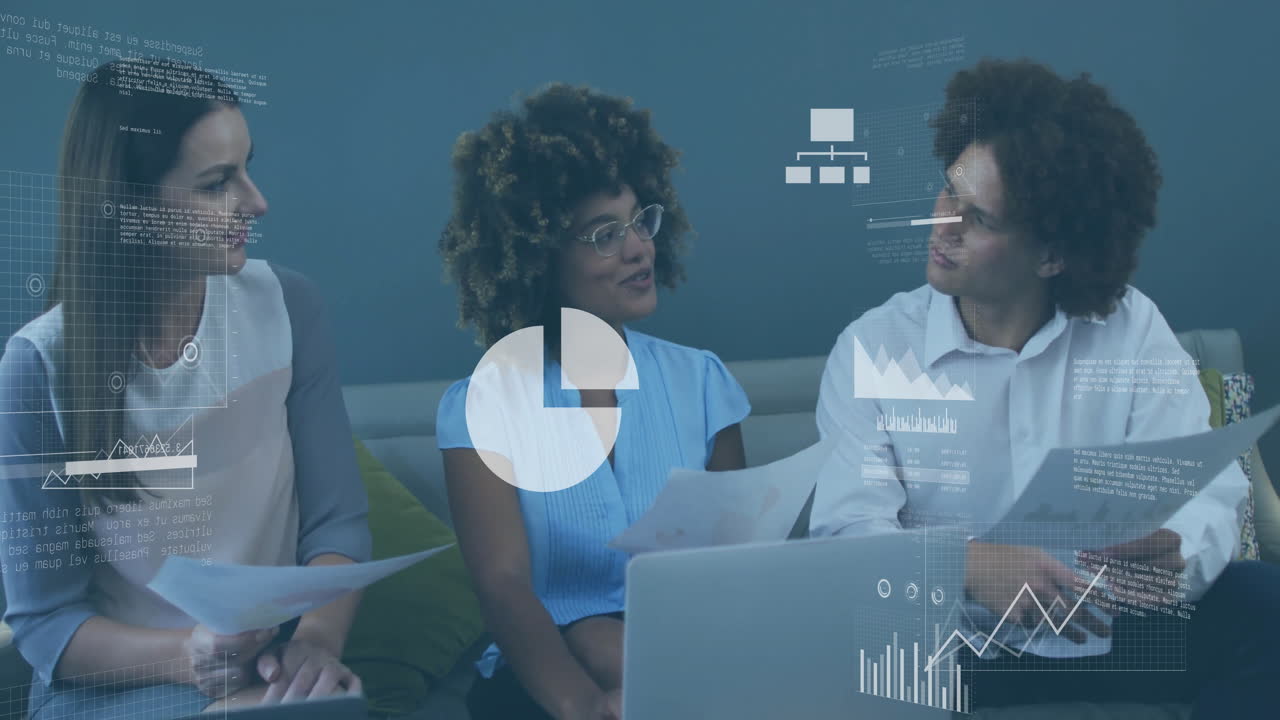 Three professionals reviewing finance data in office, featuring floating pie and line charts