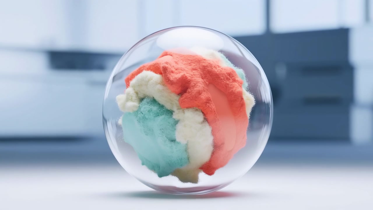 Nærbillede i øjenhøjde viser klar glaskugle på glat hvid overflade, der omslutter en kompakt trefarvet fluffy masse med bløde pastelfarver, gennemsigtige refleksioner, subtil skygge, rent moderne miljø