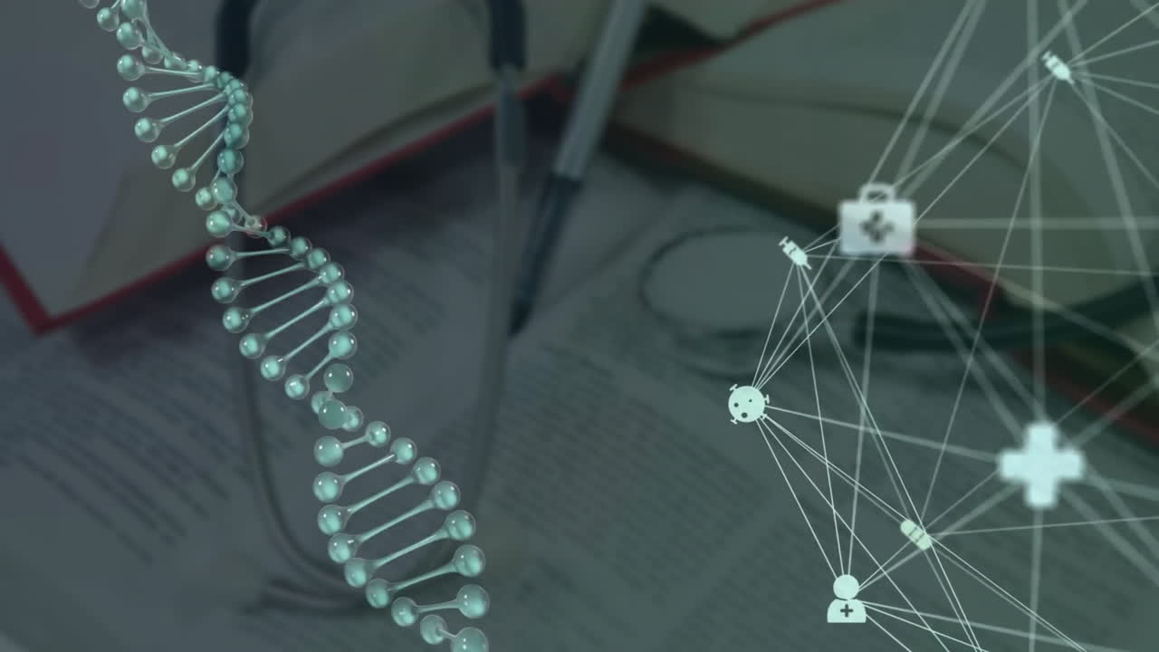 анимация цепи днк и сети соединений с иконами через стетоскоп