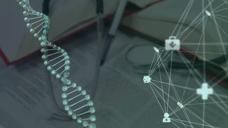animación de la cadena de adn y la red de conexiones con íconos sobre el estetoscopio