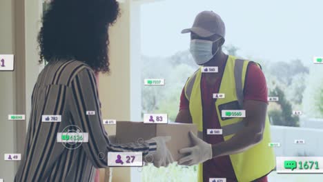 Animation-of-social-media-icons-with-numbers-over-african-american-delivery-man-and-woman