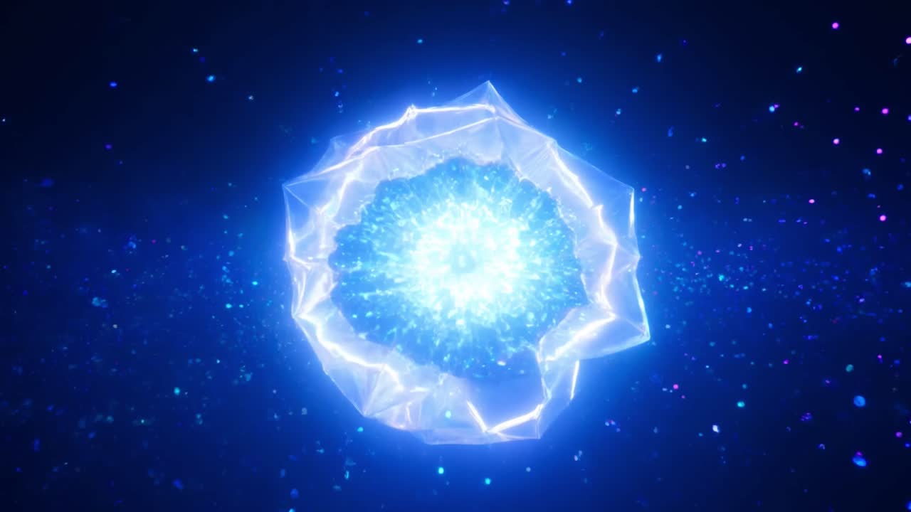 在黑暗粒子空间中旋转的抽象发光水晶立方体
