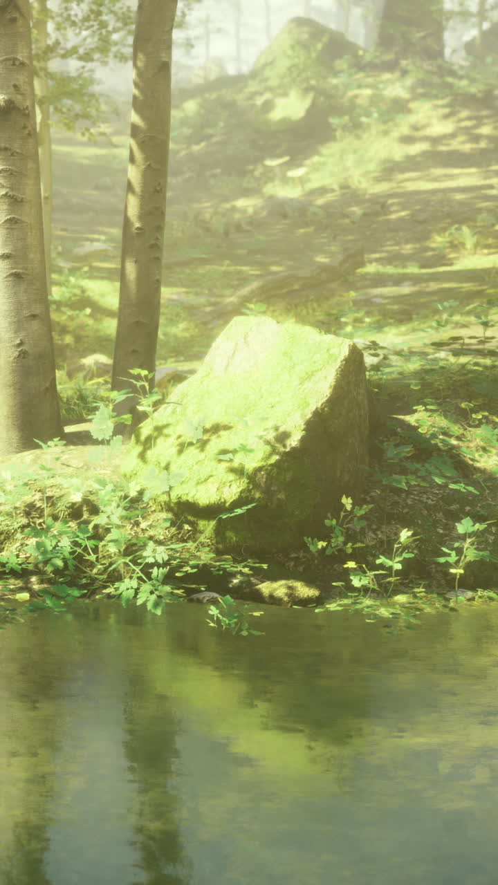 Serene forest landscape with a tranquil pond and lush greenery at dawn