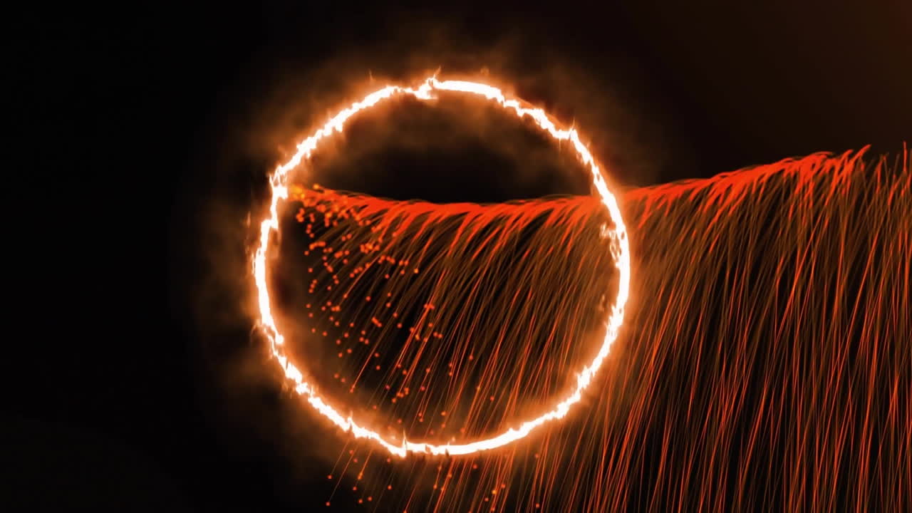 Animation of orange light circle and flows moving on black background
