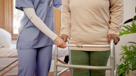 old woman, nurse and walker as hands help