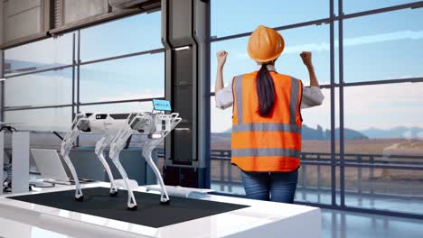 vista trasera completa del cuerpo de una ingeniera con casco de seguridad levantando las manos celebrando mientras trabaja en una fábrica de alta tecnología, analizando el concepto de máquina robótica