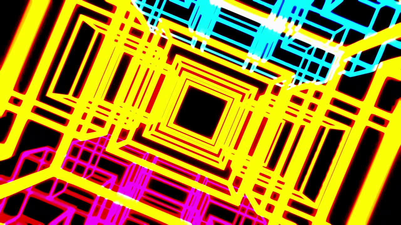 Colored loop animation of blue, pink and yellow illuminated neon grids.