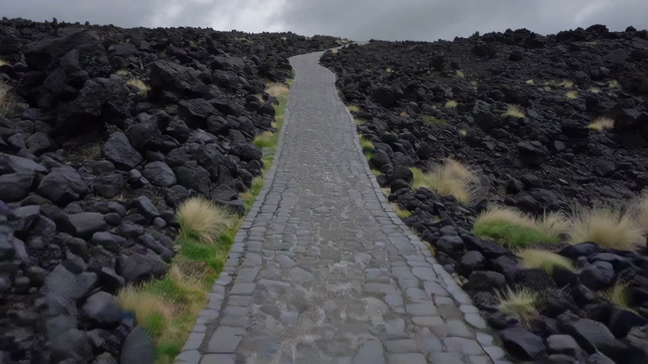 Stone Path Through Volcanic Landscape